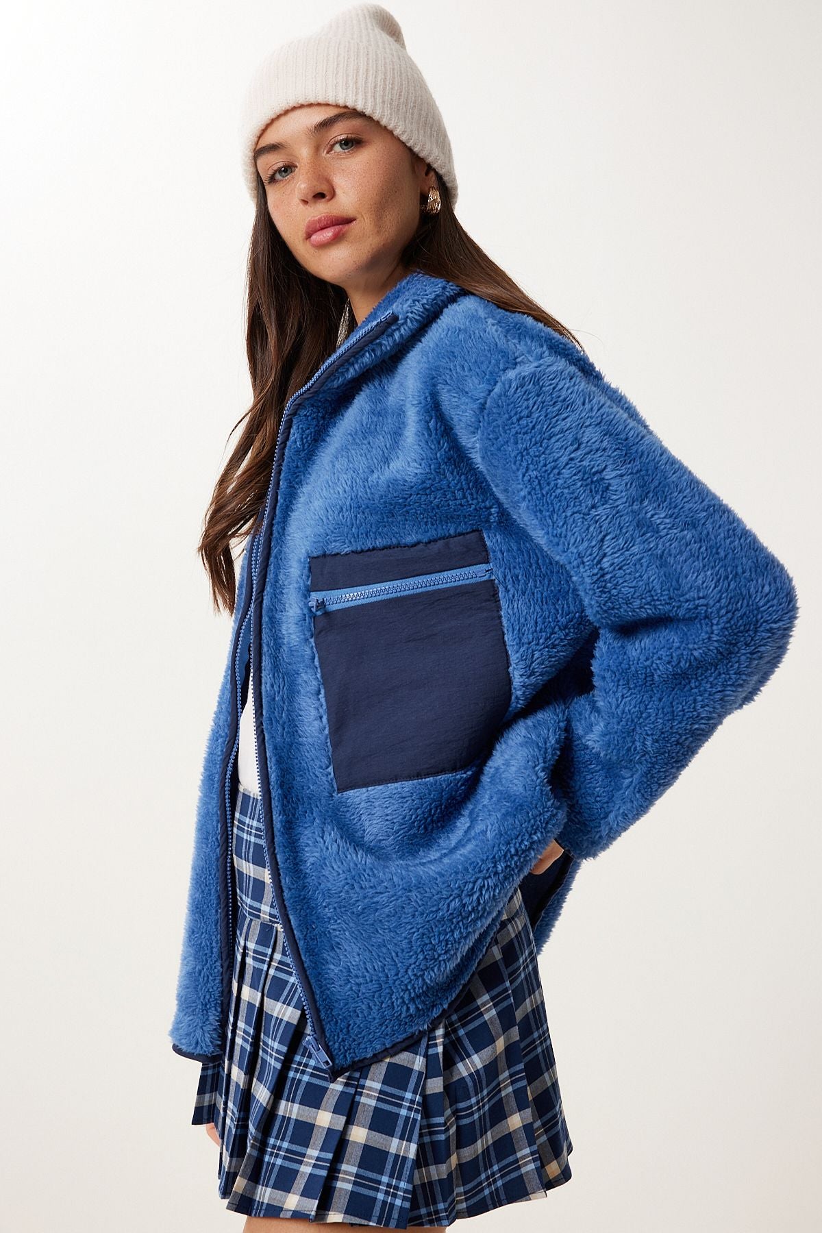 İndigo Mavi Fermuarlı Oversize Peluş Sweatshirt DD01379