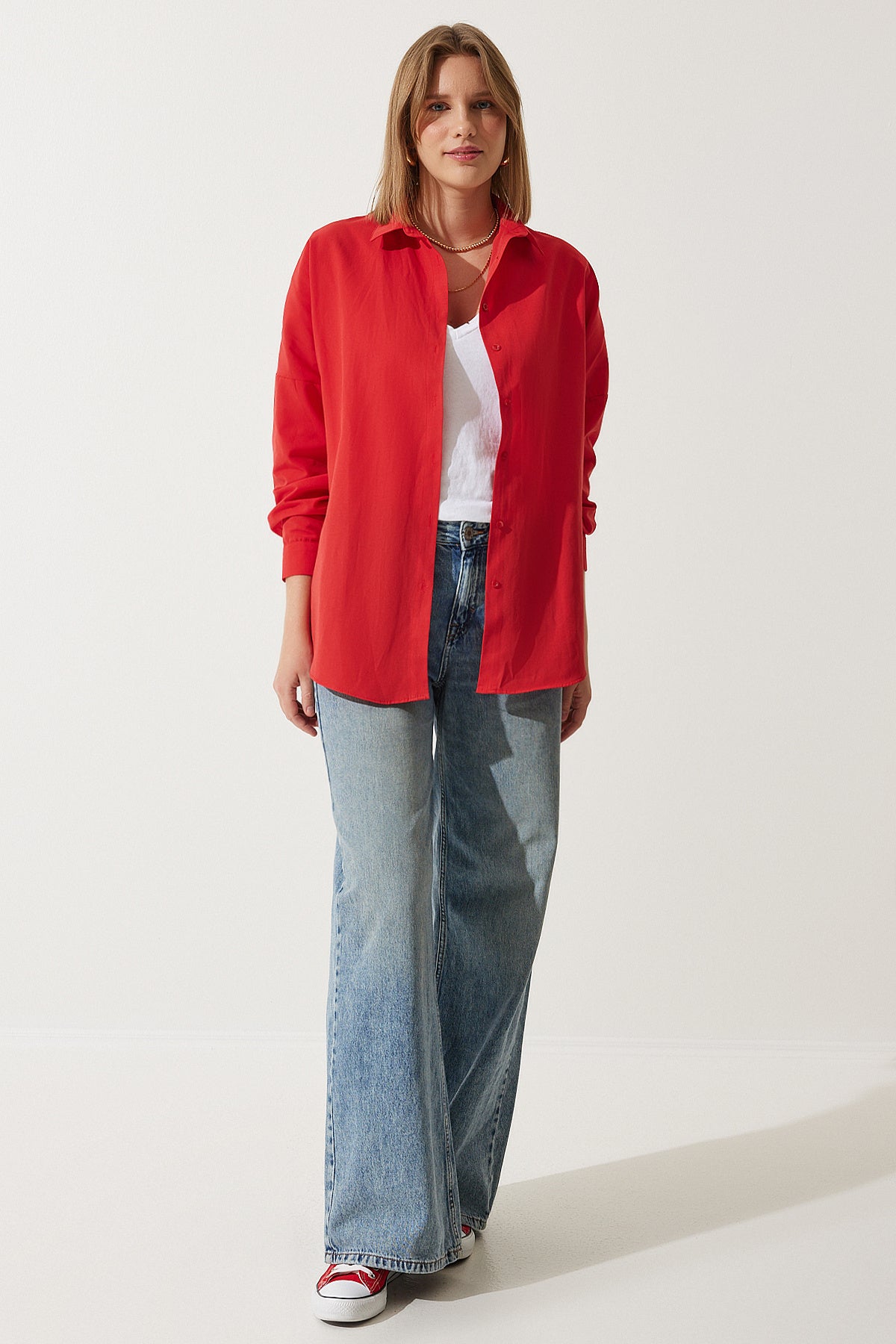 Orta Kırmızı Oversize Uzun Basic Gömlek DD00842