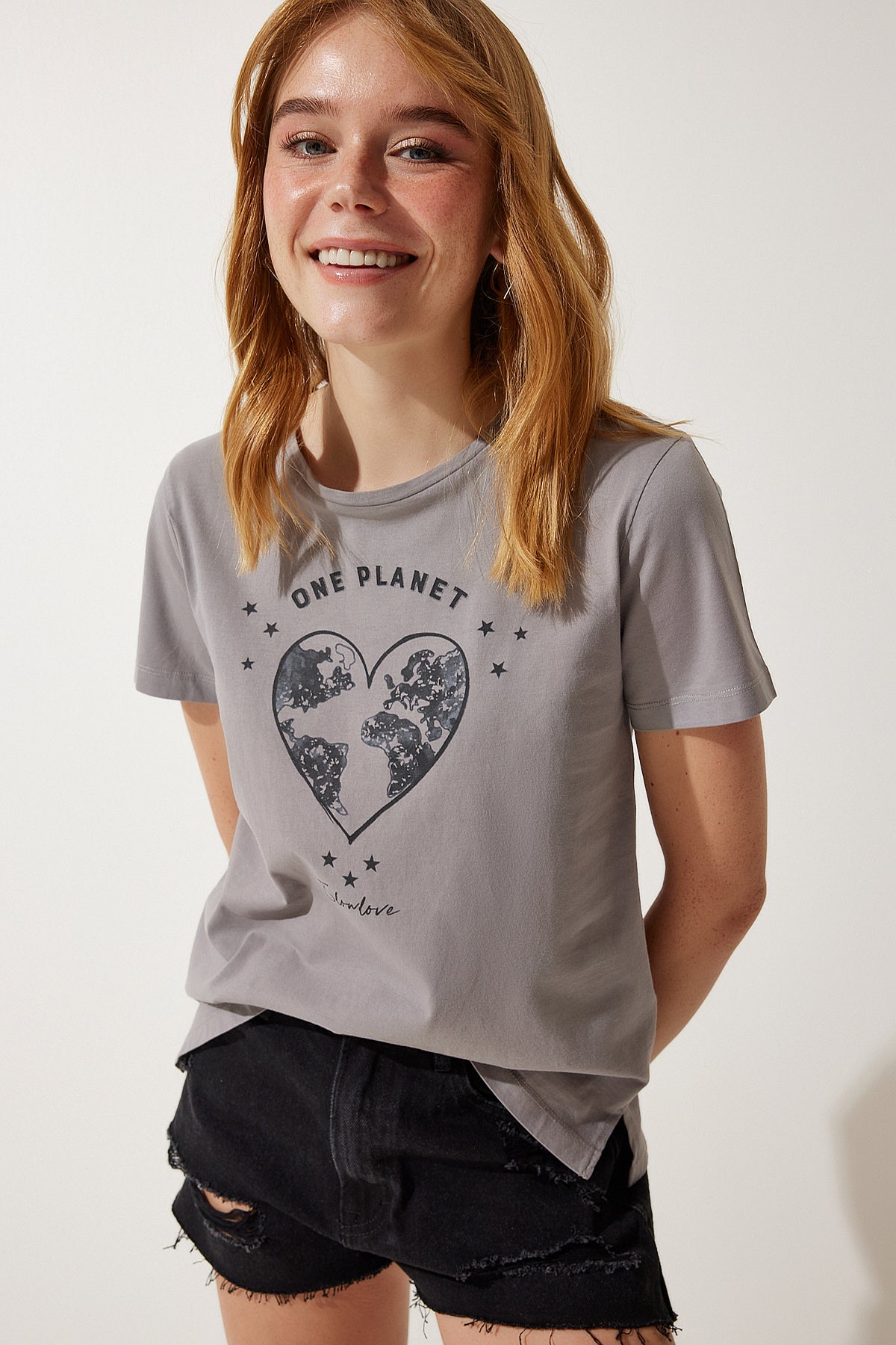 Gri Baskılı Örme T-Shirt WO00035