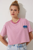 Pembe Nakış Detaylı Çizgili %100 Pamuk Crop Örme T-Shirt CR00436