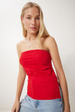 Kırmızı Büzgülü Straplez Örme Bluz UB00343