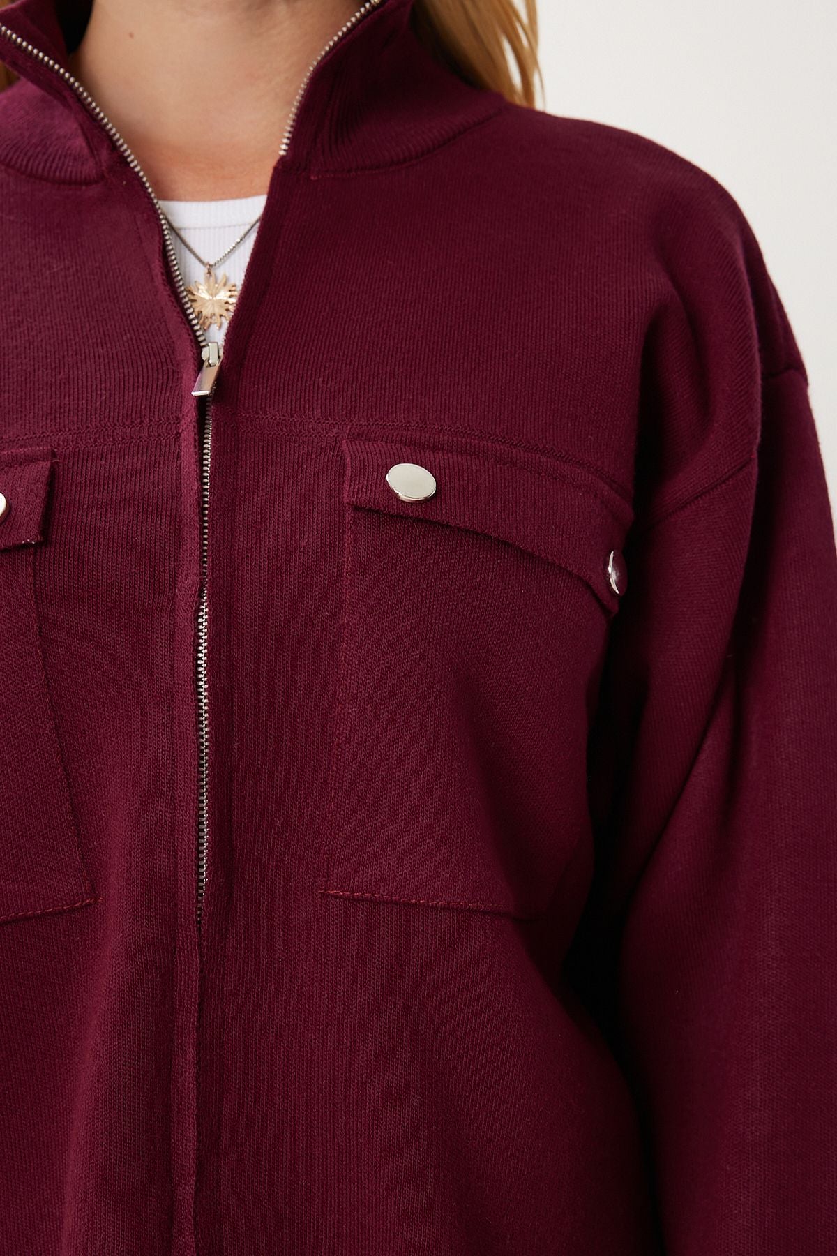 Bordo Kapaklı Cepli Fermuarlı Triko Hırka MX00246