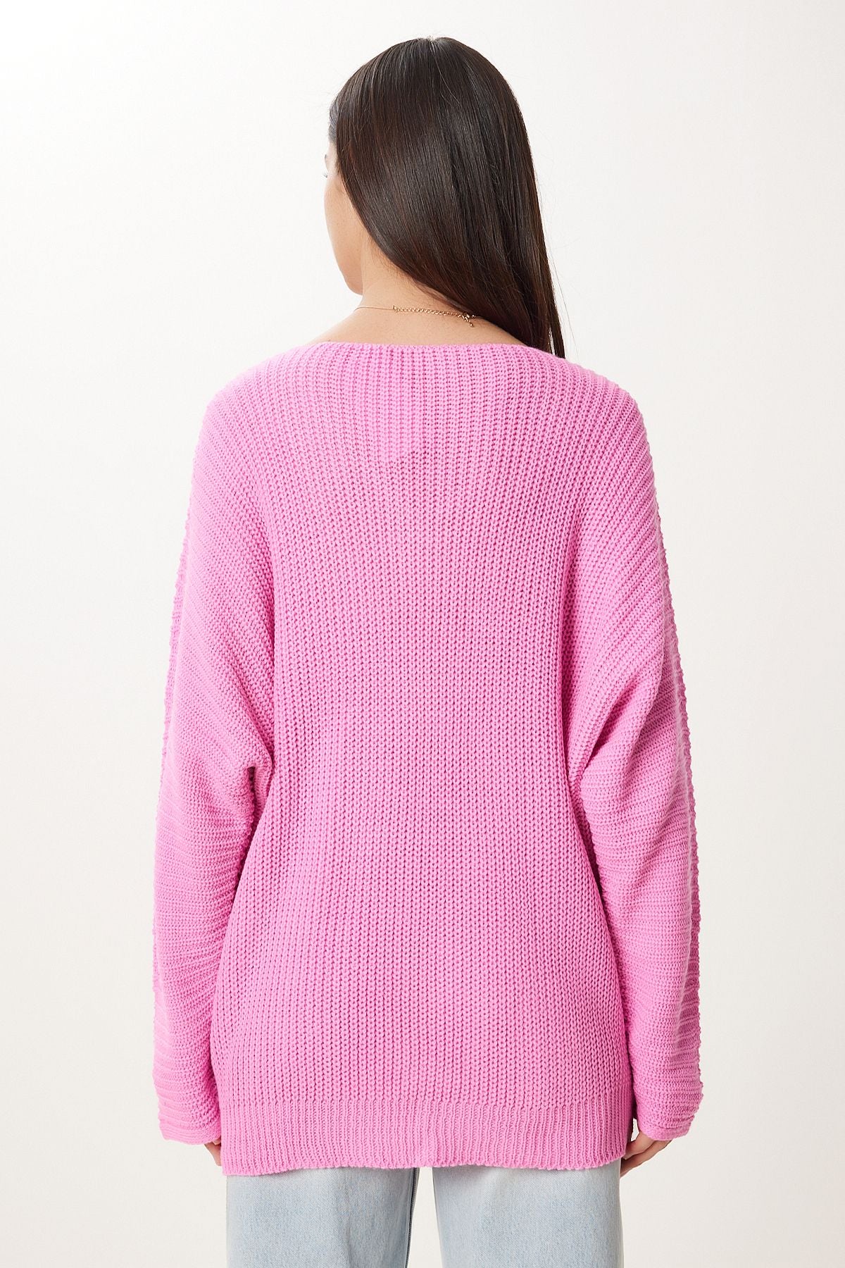 Pembe V Yaka Selanik Örgü Oversize Triko Kazak ZA00059
