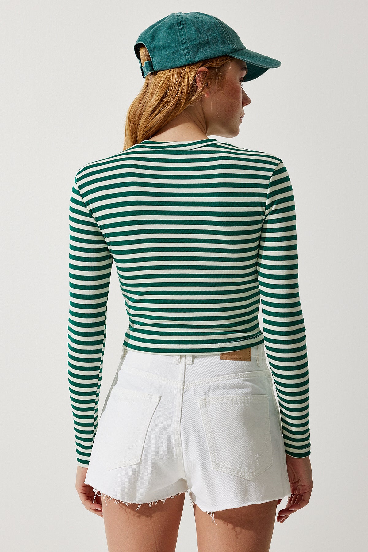 Koyu Yeşil Bisiklet Yaka Çizgili Crop Örme Bluz CR00424