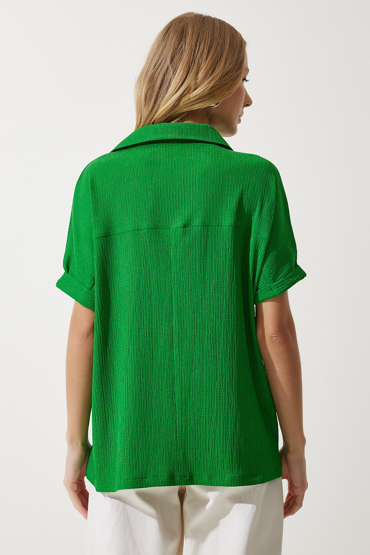 Yeşil Polo Yaka Örme Krinkıl Bluz DD01299