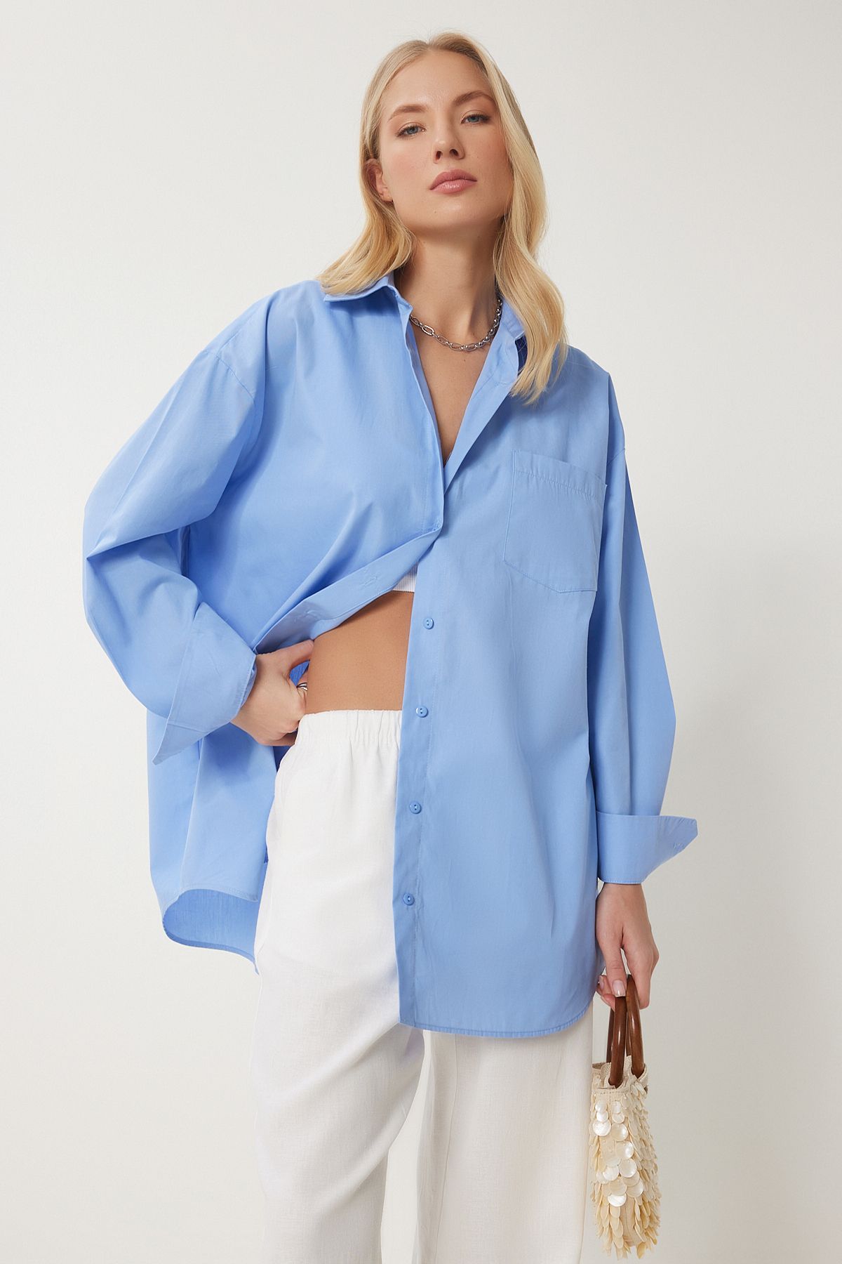 Mavi Oversize Uzun Dokuma Gömlek BP00167