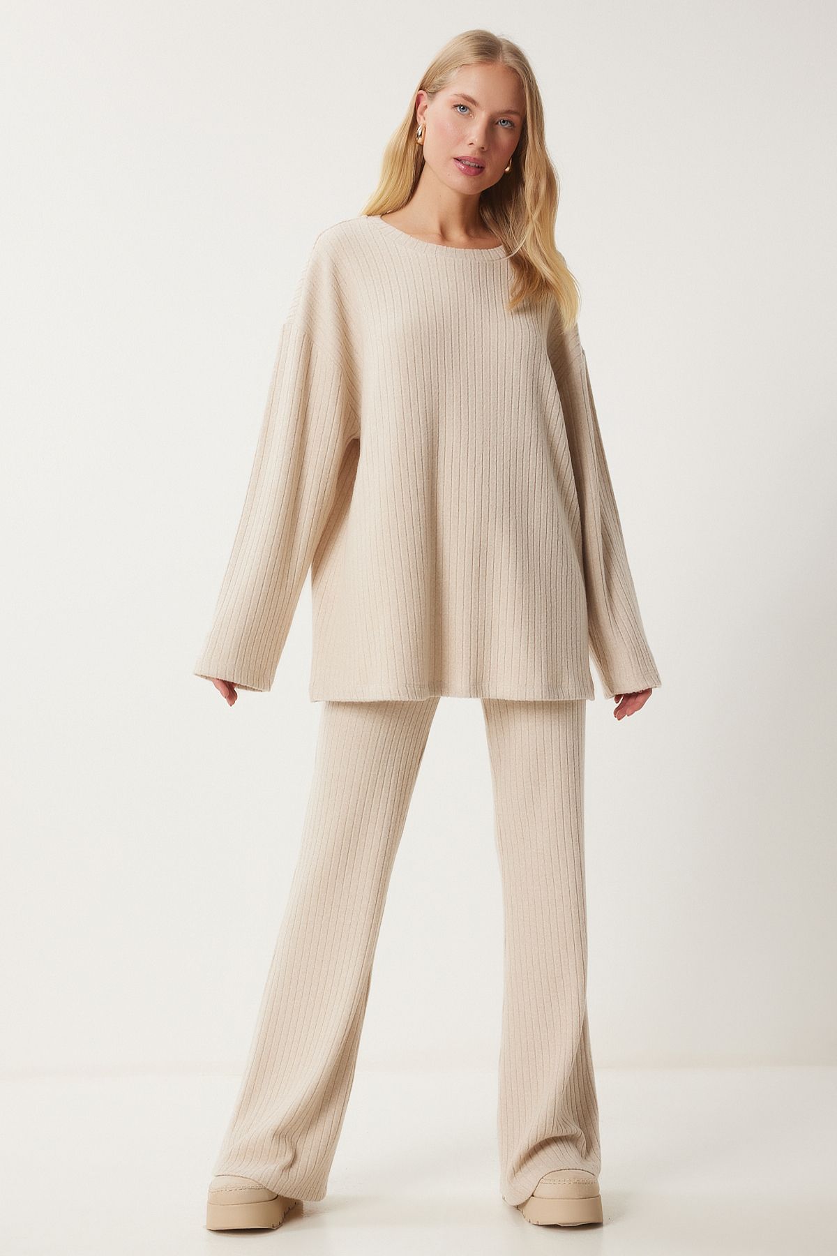 Krem Rahat Fitilli Örme Bluz Pantolon Takım RG00047