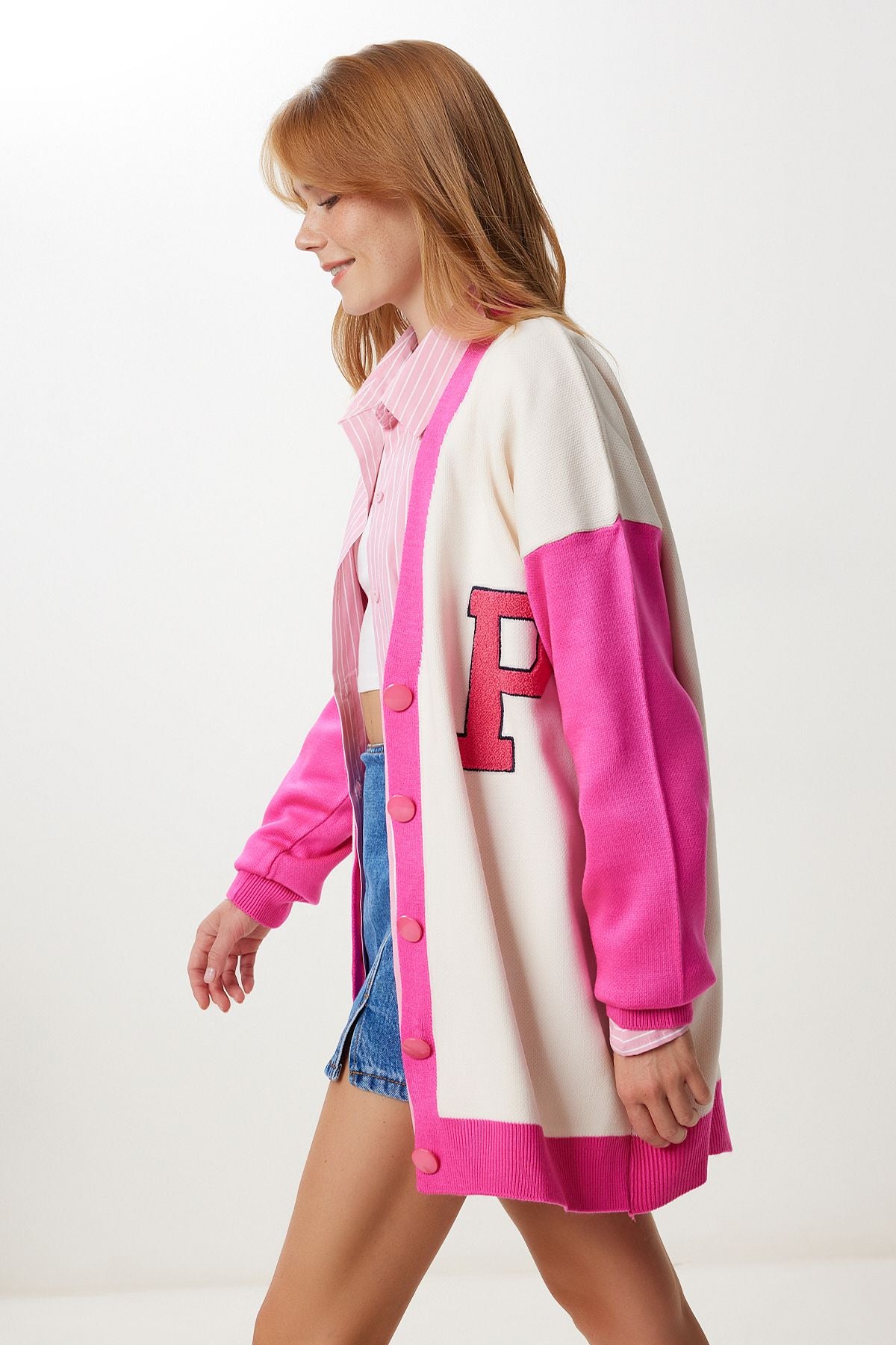 Pembe Kemik Oversize Kontrast Renkli Triko Hırka YY00262