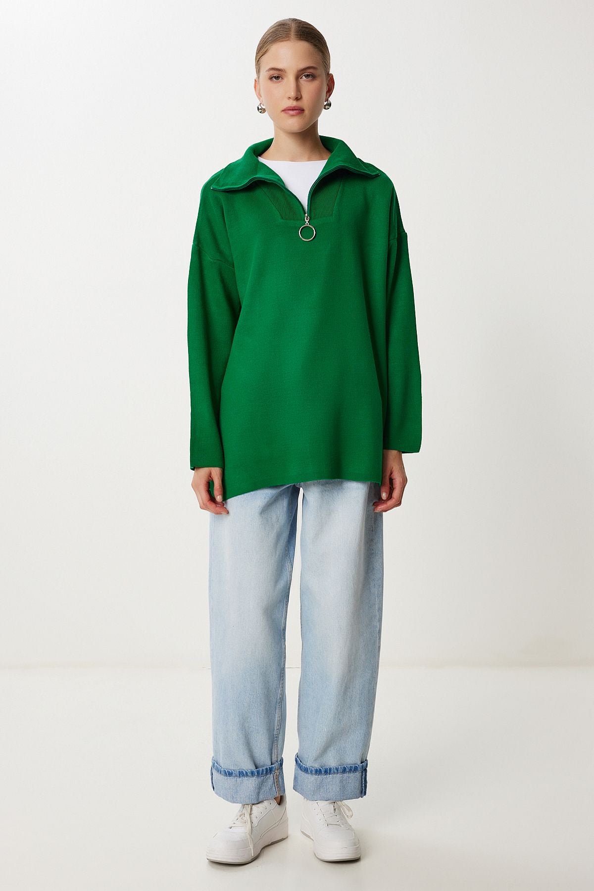 Koyu Yeşil Fermuarlı Oversize Triko Kazak YY00263