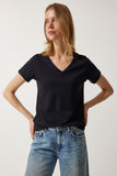 Siyah V Yaka Basic Örme T-Shirt  UB00261
