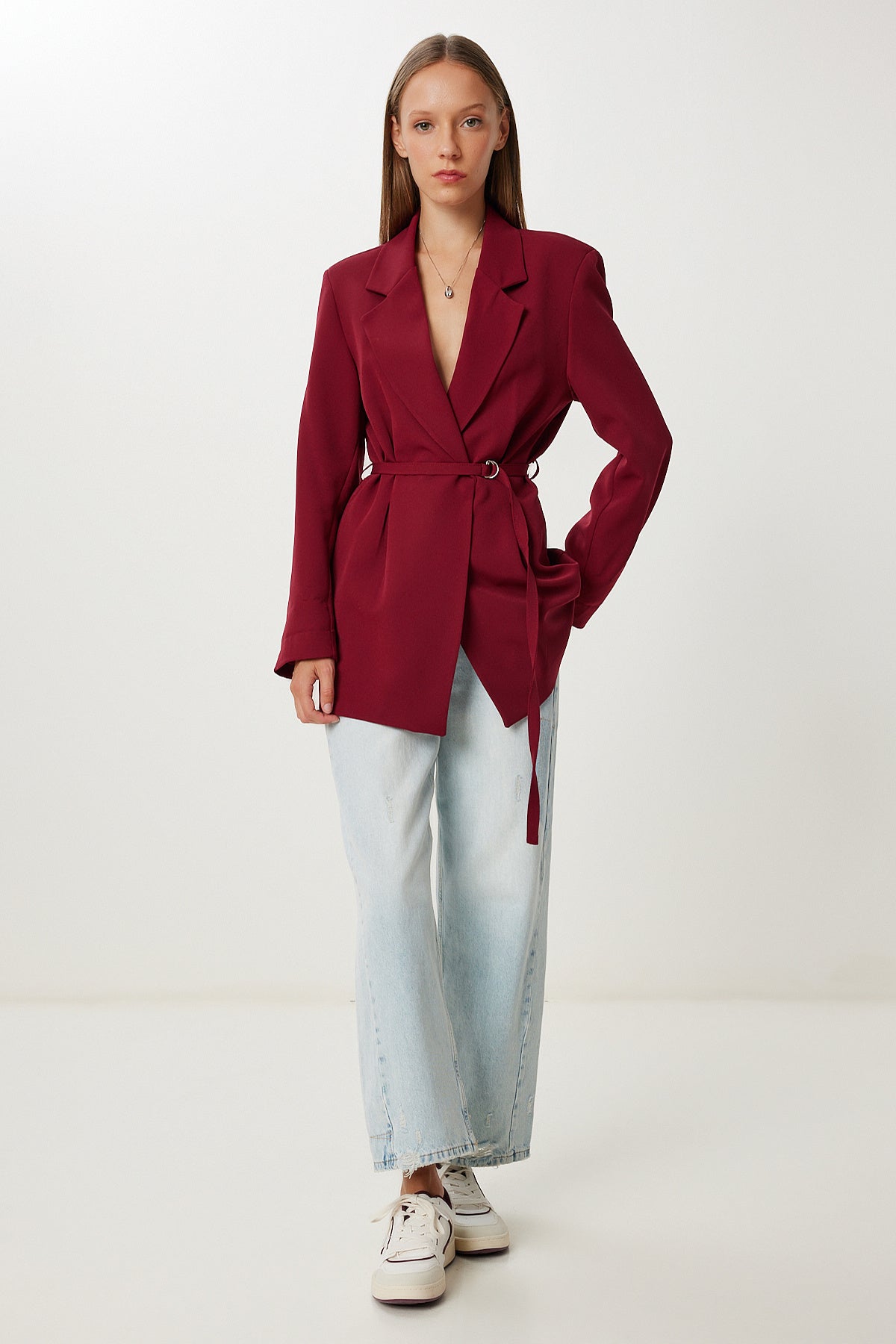 Bordo Vatkalı Kemerli Blazer Dokuma Ceket KT00023