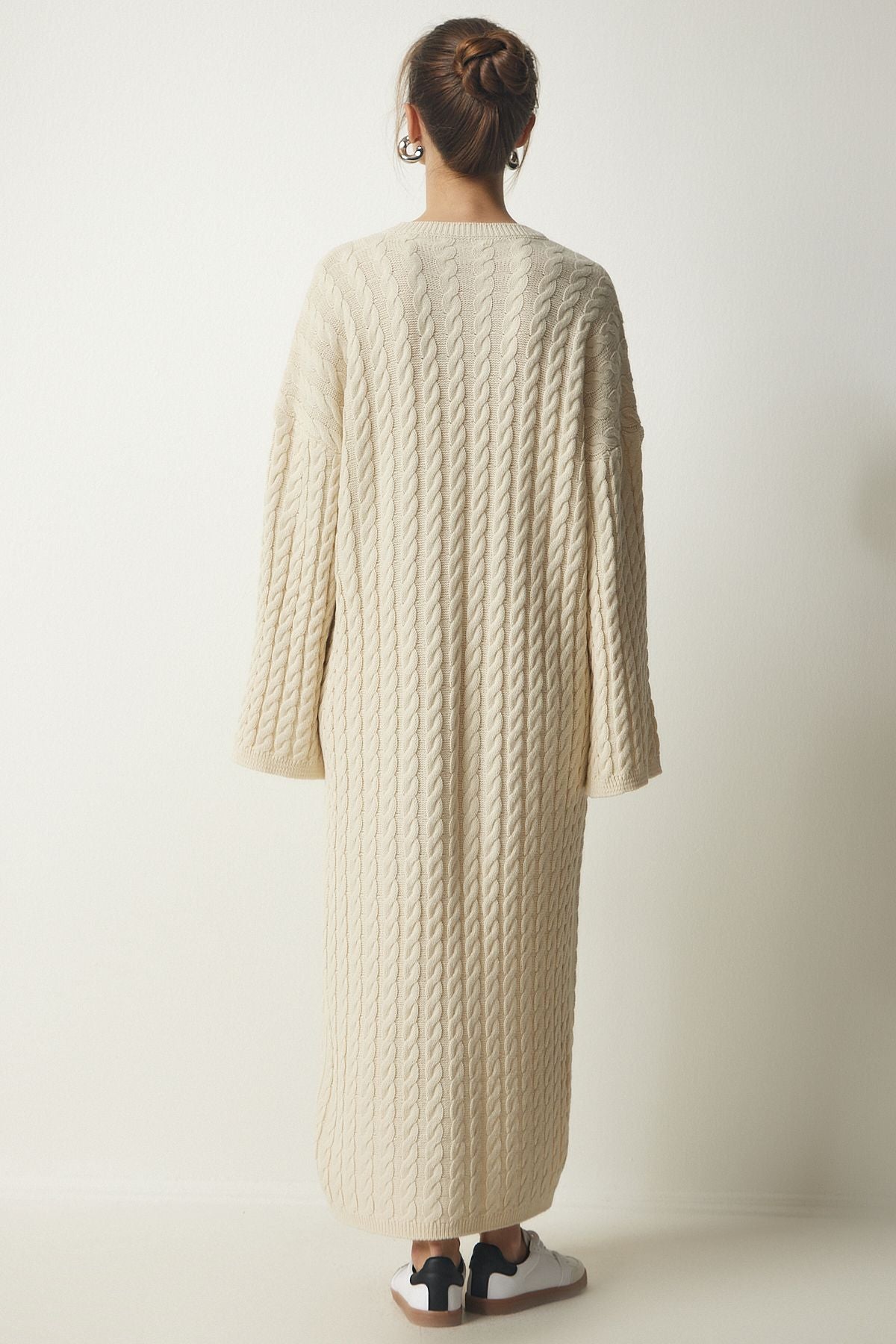 Krem Örgü Detaylı Kalın Oversize Triko Elbise YY00184