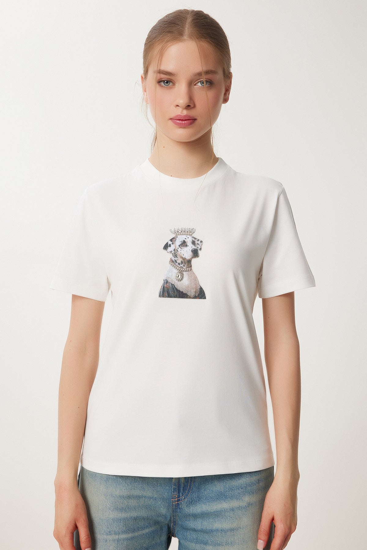 Kemik Şık Taşlı Armalı Pamuklu Örme T-Shirt CR00473