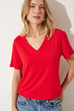 Kırmızı V Yaka Basic Viskon Örme T-Shirt EN00613