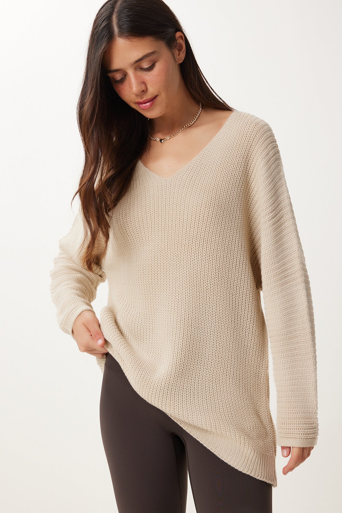 Krem V Yaka Selanik Örgü Oversize Triko Kazak ZA00059