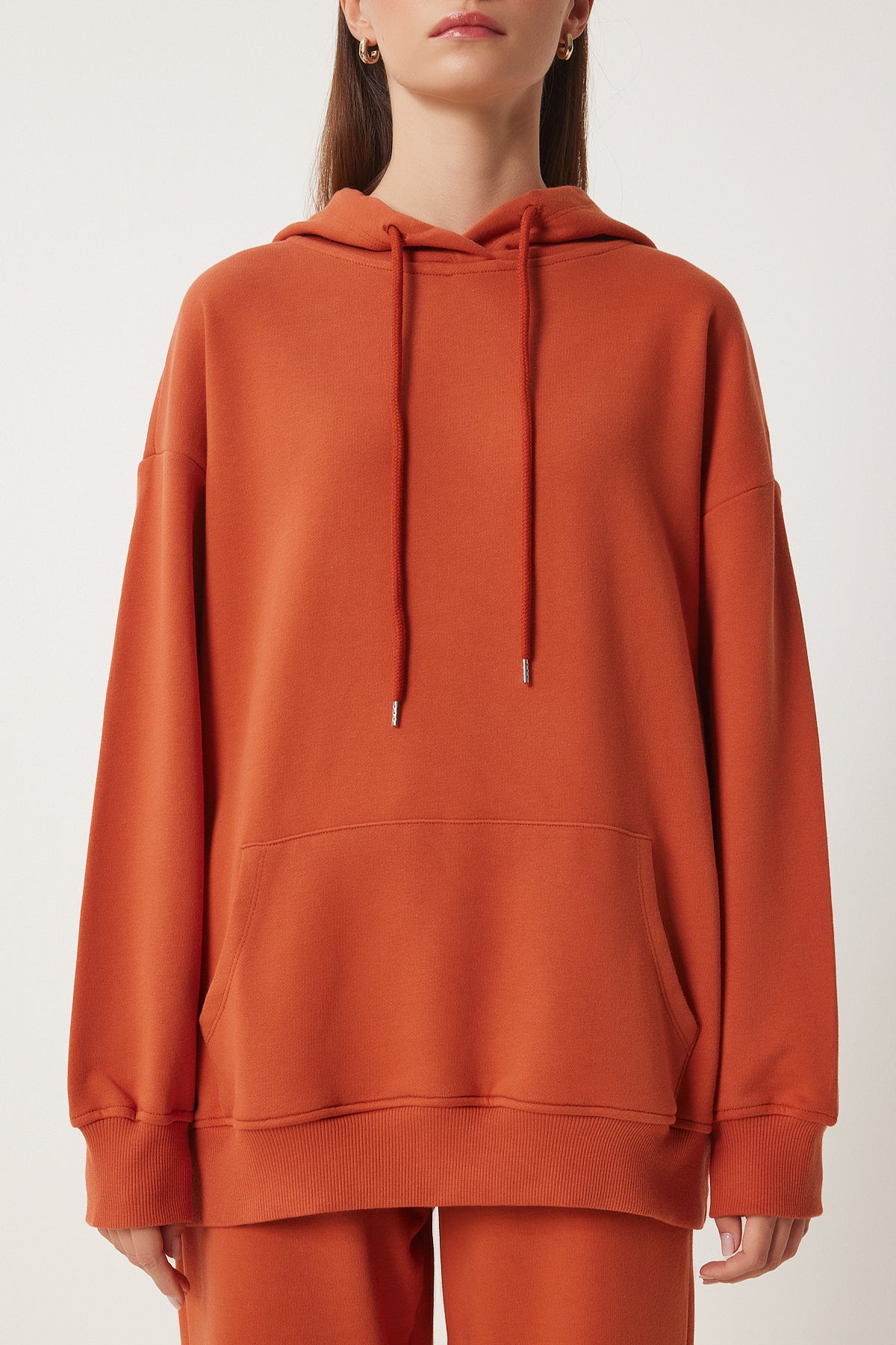 Kiremit Kapüşonlu Sweatshirt Jogger Oversize Örme Eşofman Takımı PYS0027