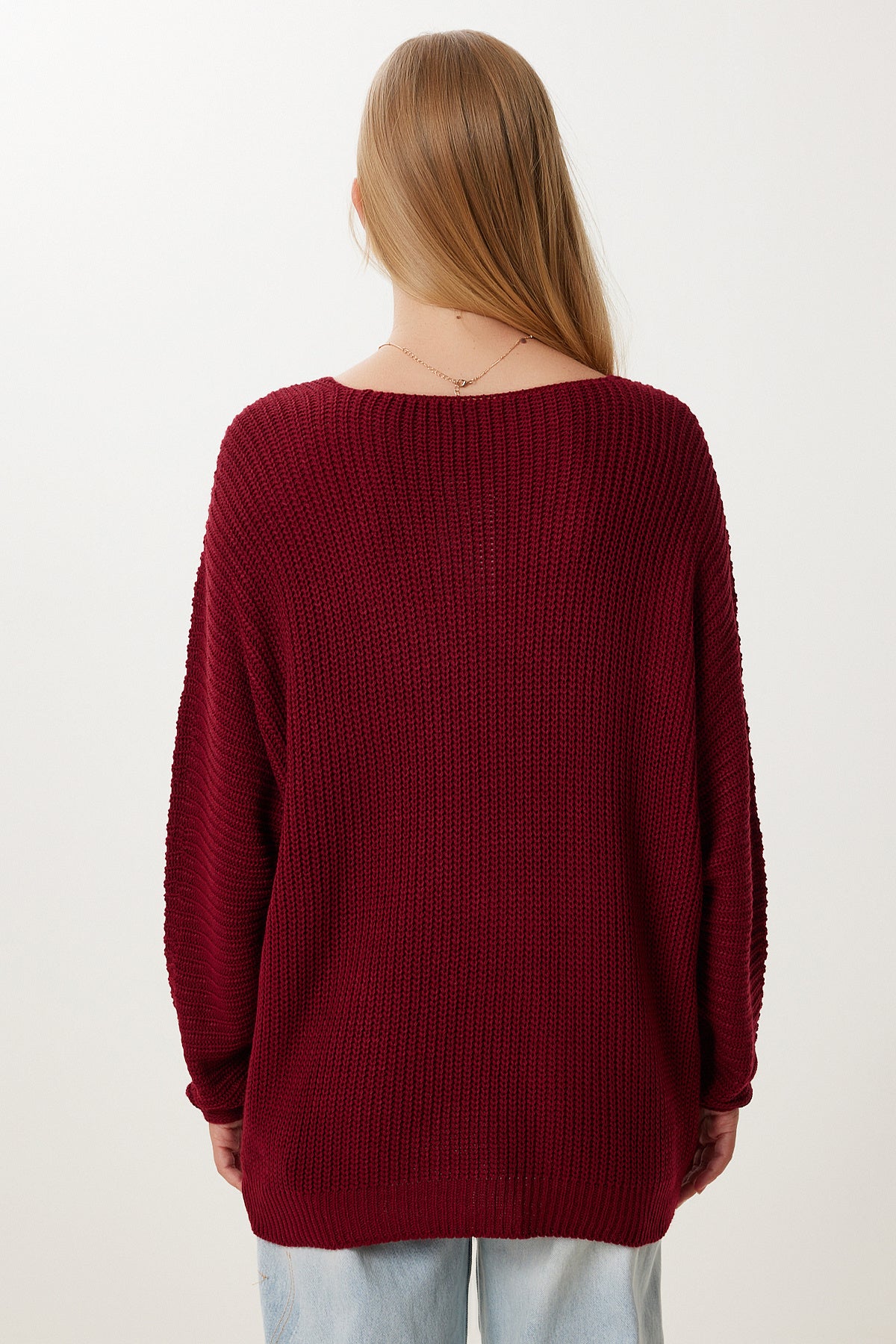 Bordo V Yaka Selanik Örgü Oversize Triko Kazak ZA00059