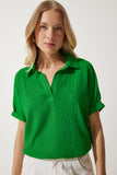 Yeşil Polo Yaka Örme Krinkıl Bluz DD01299