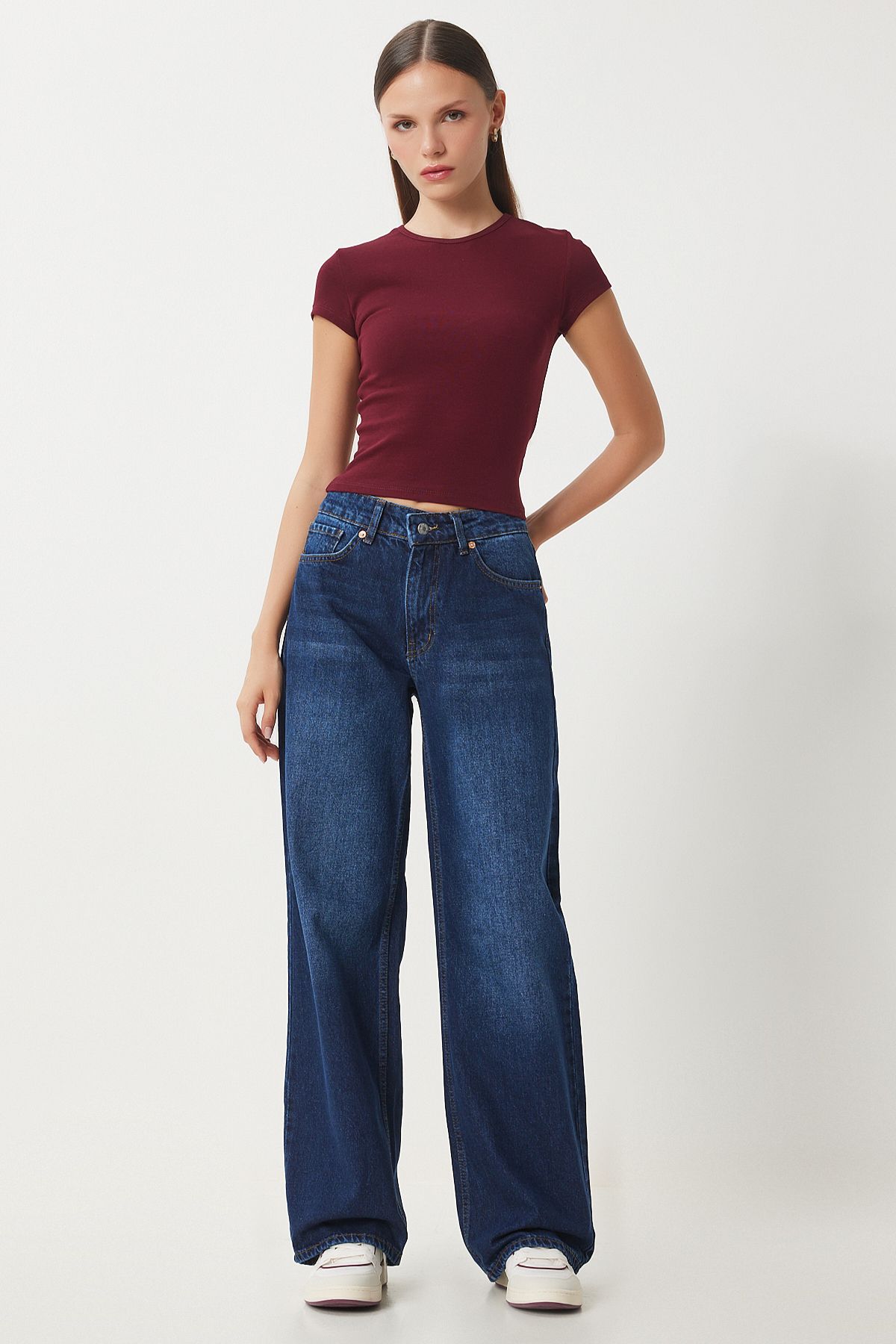 Koyu Mavi Orta Bel Geniş Paça Bol Jeans UT00023