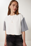 Beyaz Siyah Kareli Örme Crop T-Shirt TP00088