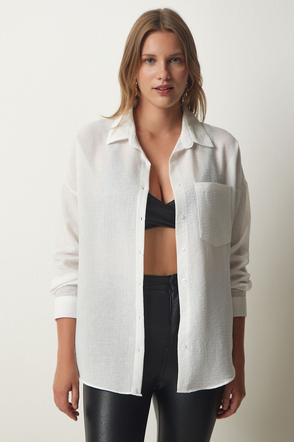 Beyaz Oversize Keten Ayrobin Gömlek DD01222