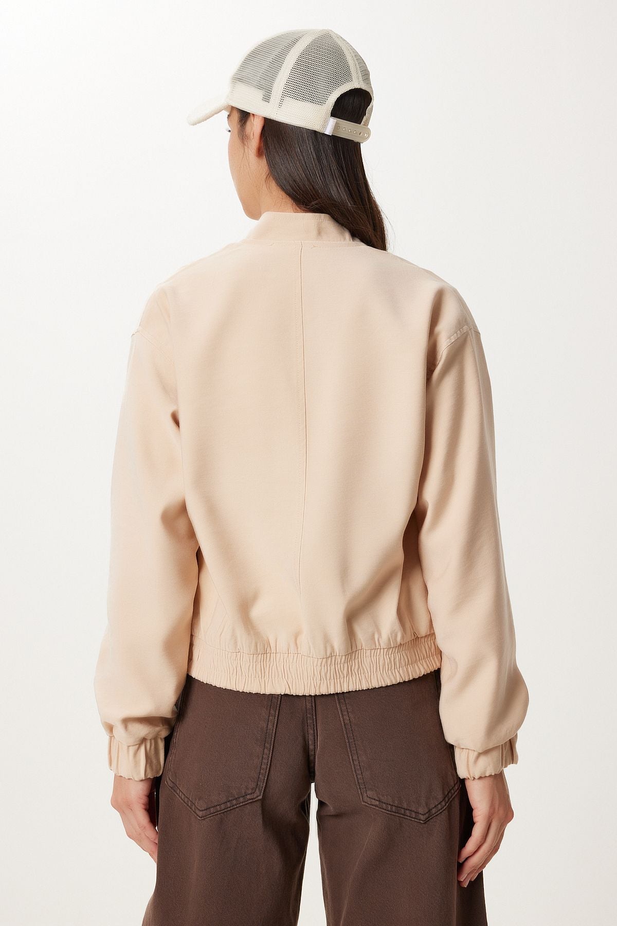 Krem Kapaklı Cepli Gabardin Bomber Ceket MX00235