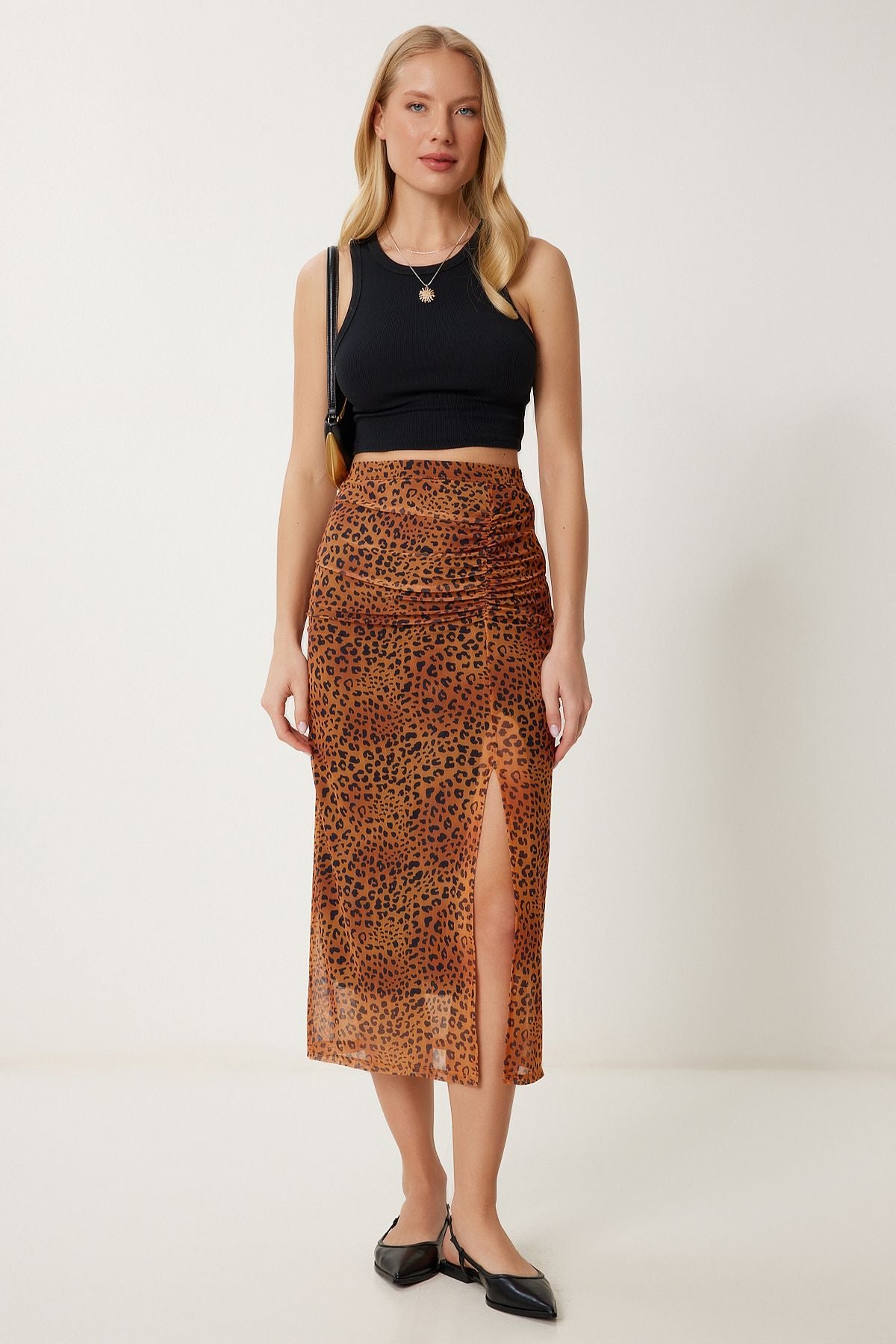 Camel Leopar Desenli Yırtmaçlı Esnek Şifon Etek CR00490