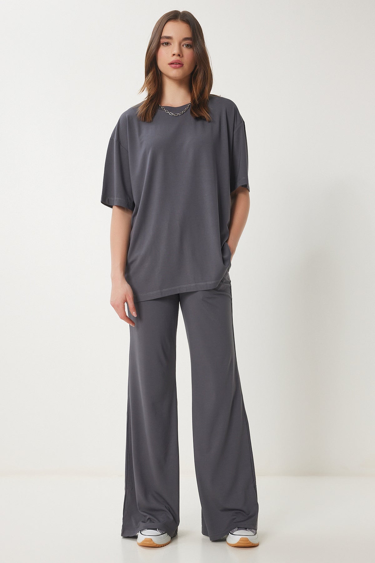 Füme Oversize Örme T-Shirt Pantolon Takım FN03452