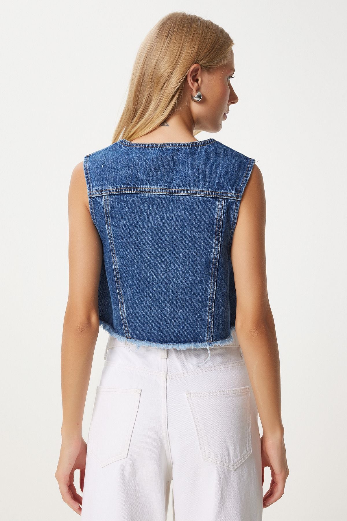 Koyu Mavi Cepli Crop Denim Yelek OK00063