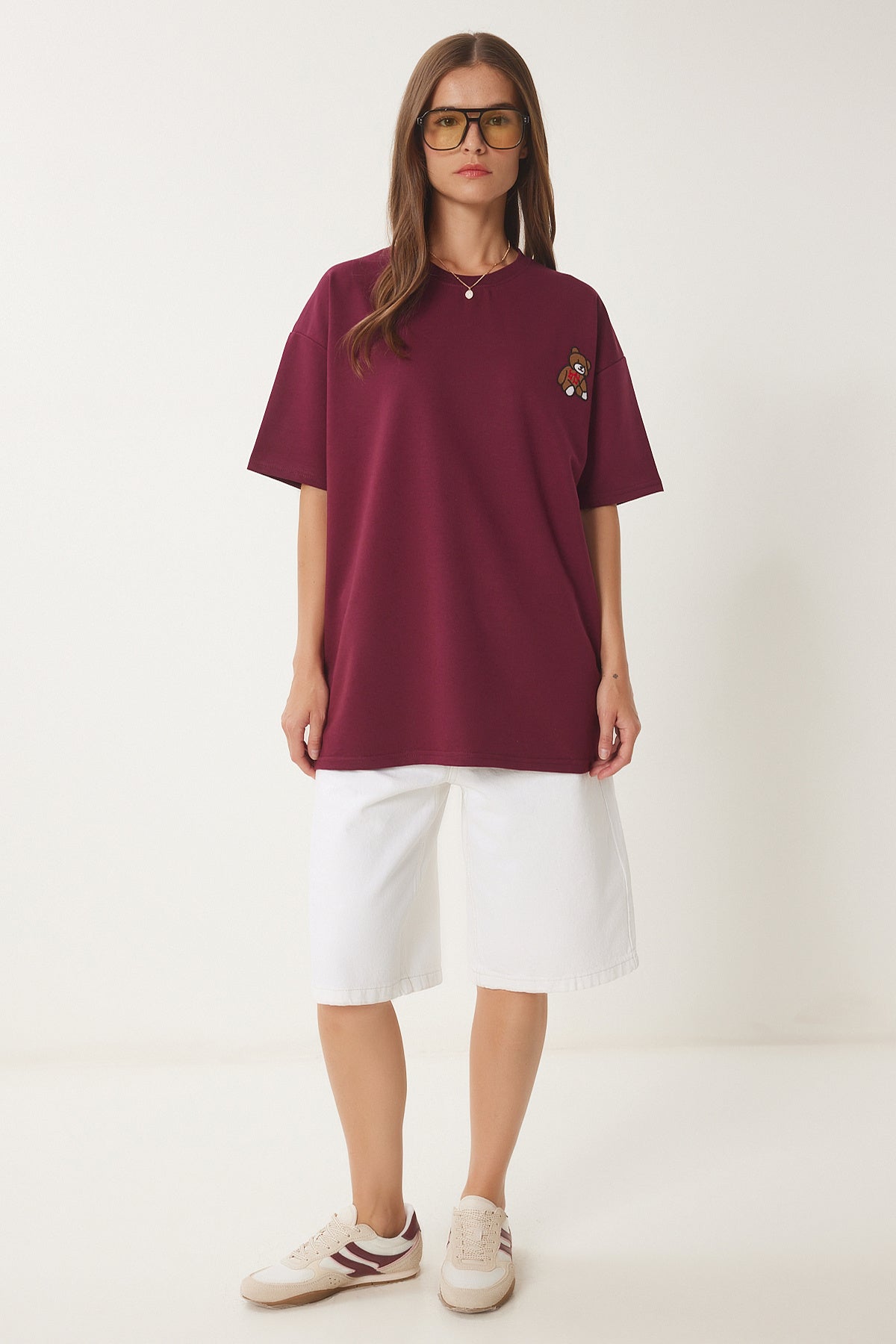 Bordo Ayıcık İşlemeli Oversize Örme T-Shirt ZV00286