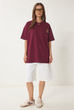 Bordo Ayıcık İşlemeli Oversize Örme T-Shirt ZV00286