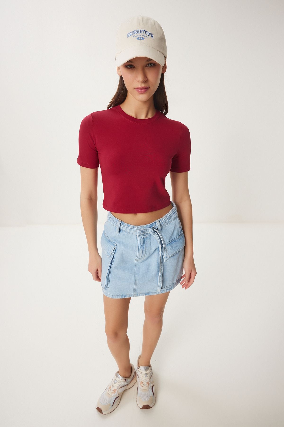 Bordo Bisiklet Yaka Crop T-Shirt UB00064