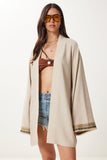 Bej Nakış İşlemeli Kuşaklı Keten Kimono BV00176