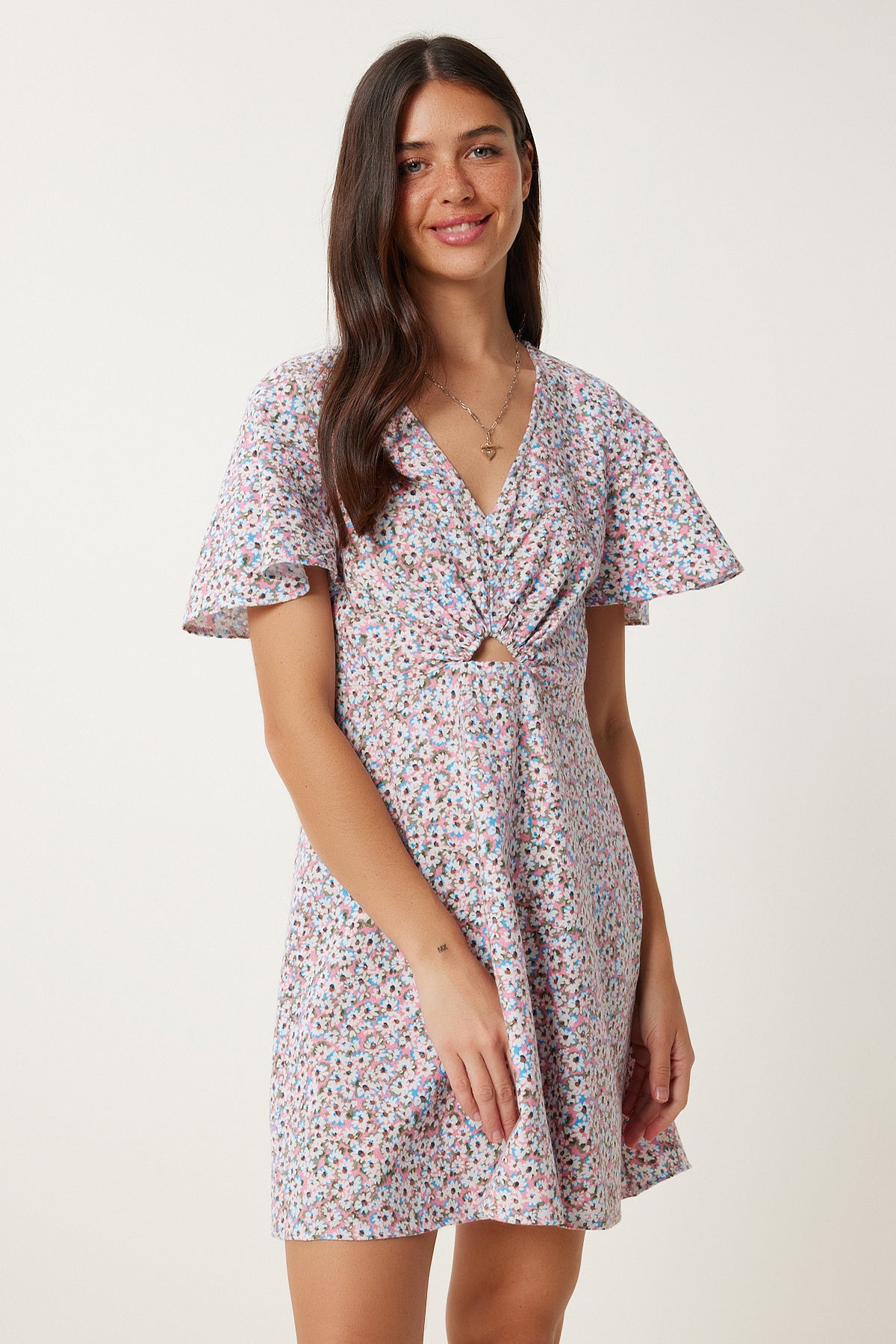 Pembe Çiçekli Yazlık Mini Keten Elbise FK00034