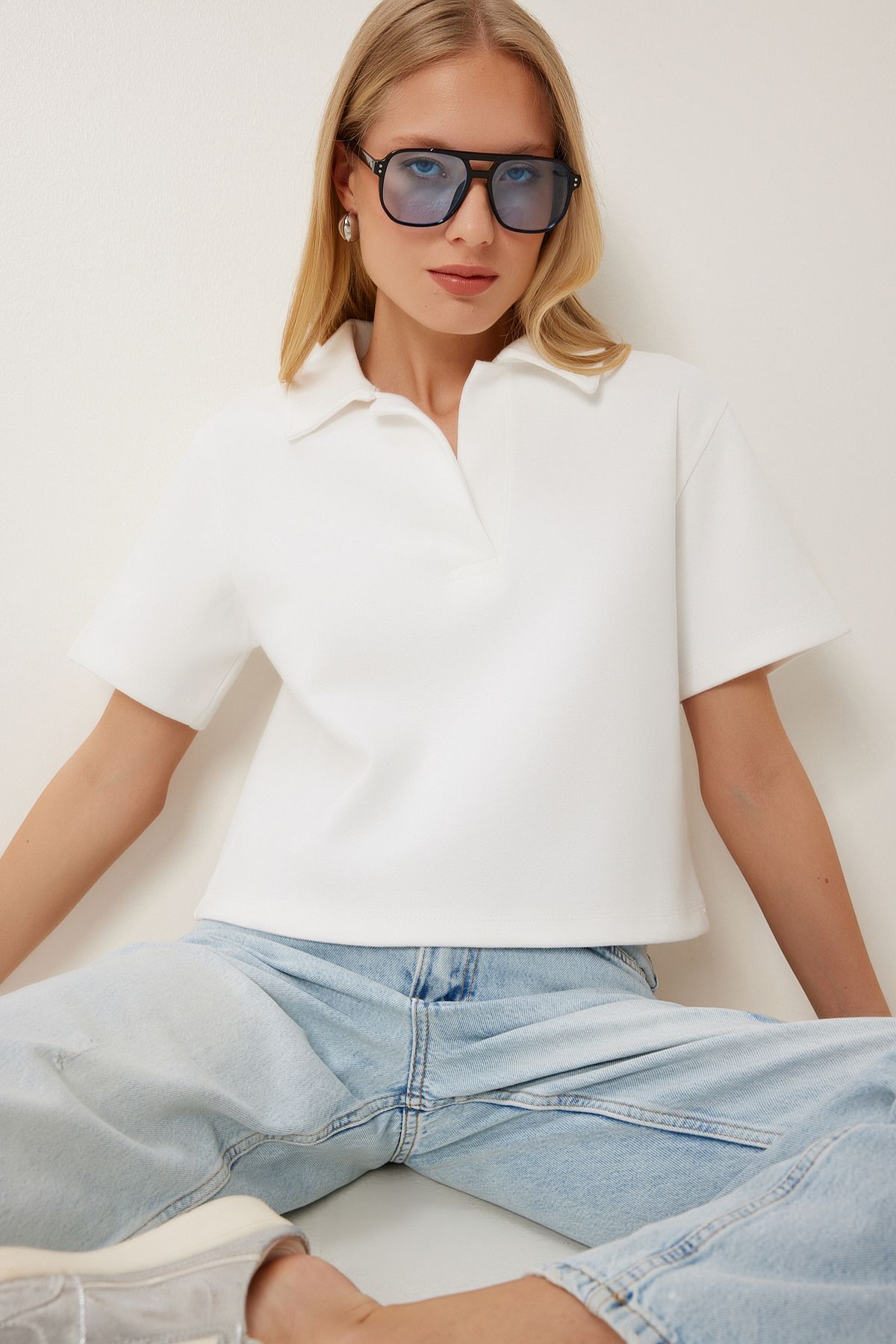 Ekru Polo Yaka Pike Örme T-Shirt DP00254
