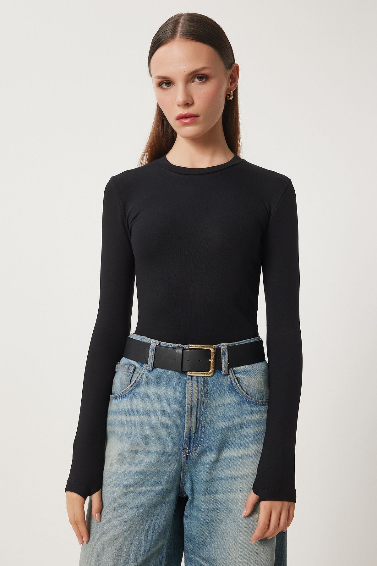 Siyah Bisiklet Yaka Basic Örme Bluz CR00439