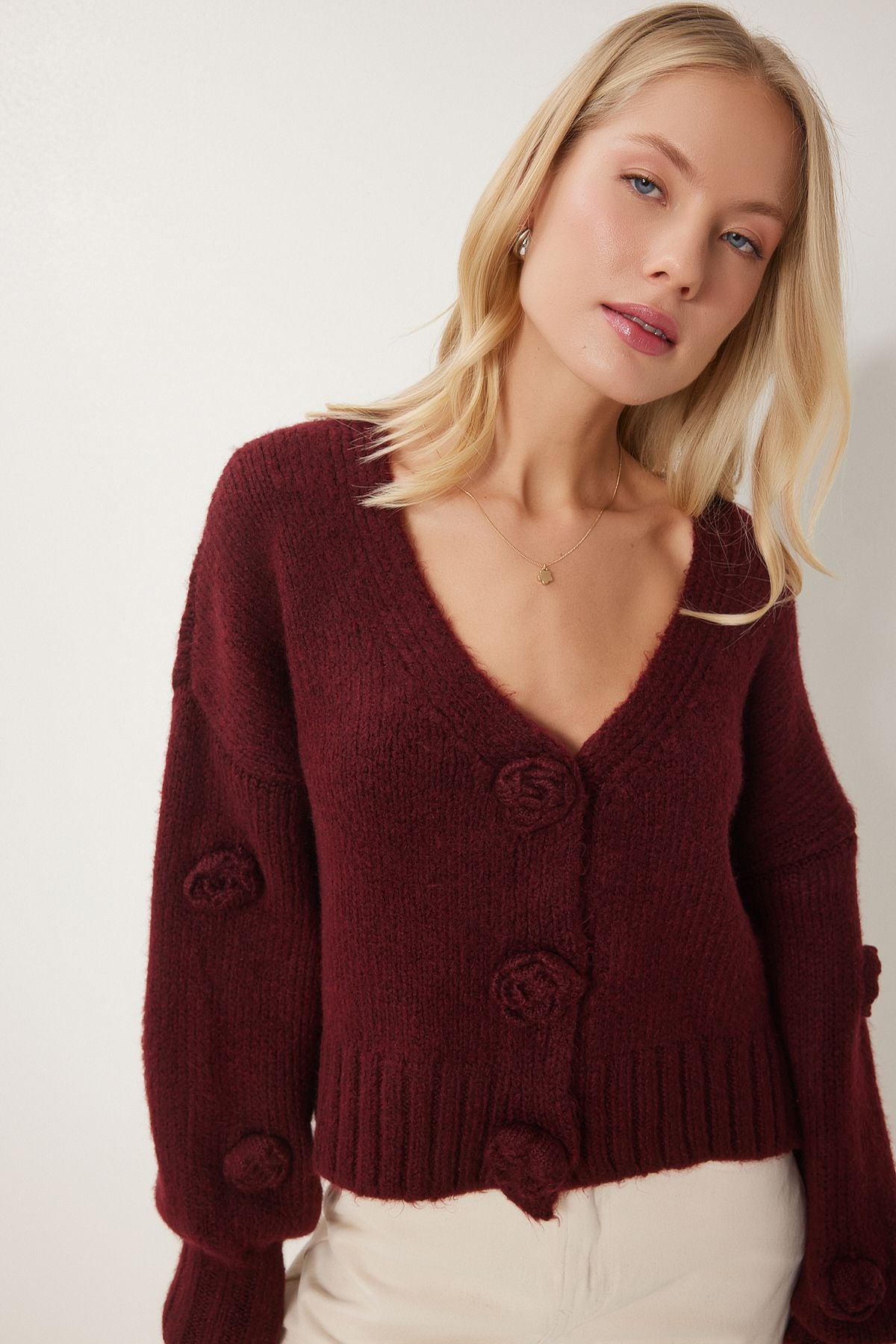 Bordo Ponpon Çiçek Detaylı Triko Hırka PF00078