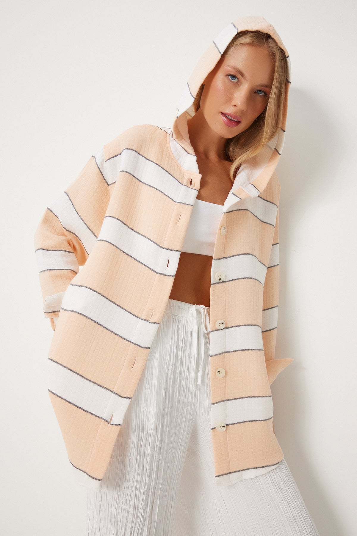 Somon Çizgili Kapüşonlu Oversize Müslin Ceket Gömlek  FN03364