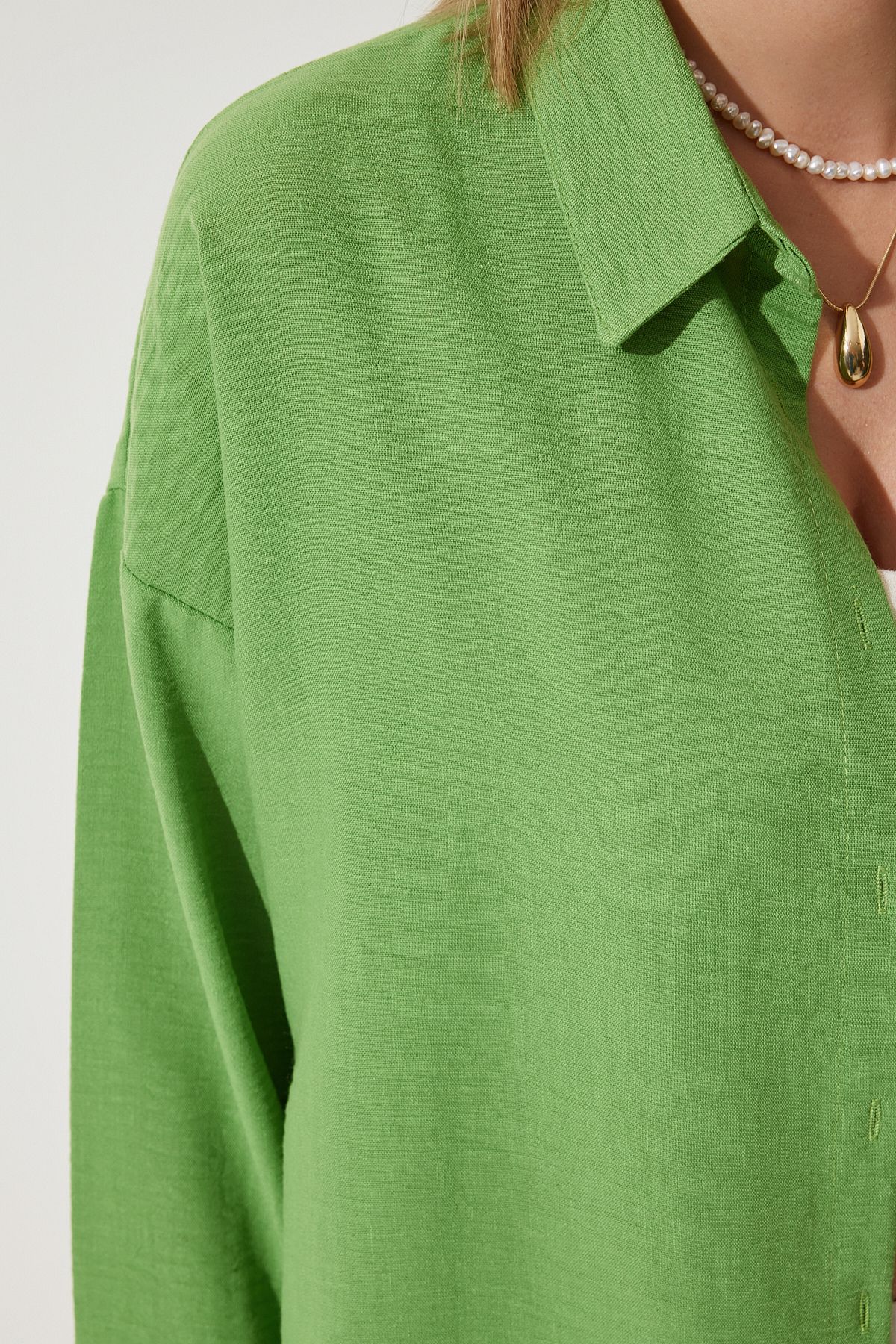 Koyu Çağla Yeşili Oversize Keten Ayrobin Gömlek DD01222