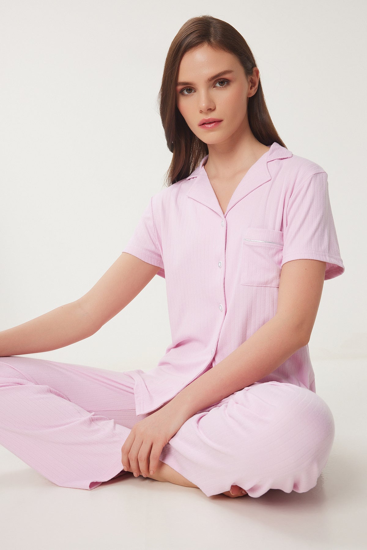 Pembe Gömlek Alt Örme Pijama Takımı PQ00001