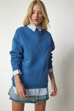 İndigo Mavi Dik Yaka Basic Şardonlu Sweatshirt UB00166