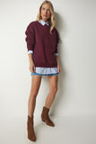 Bordo Fermuar Detaylı Şardonlu Örme Sweatshirt UB00148