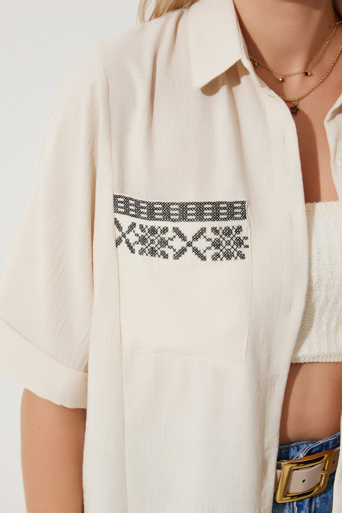 Krem Nakışlı Cepli Oversize Keten Ayrobin Gömlek RG00031