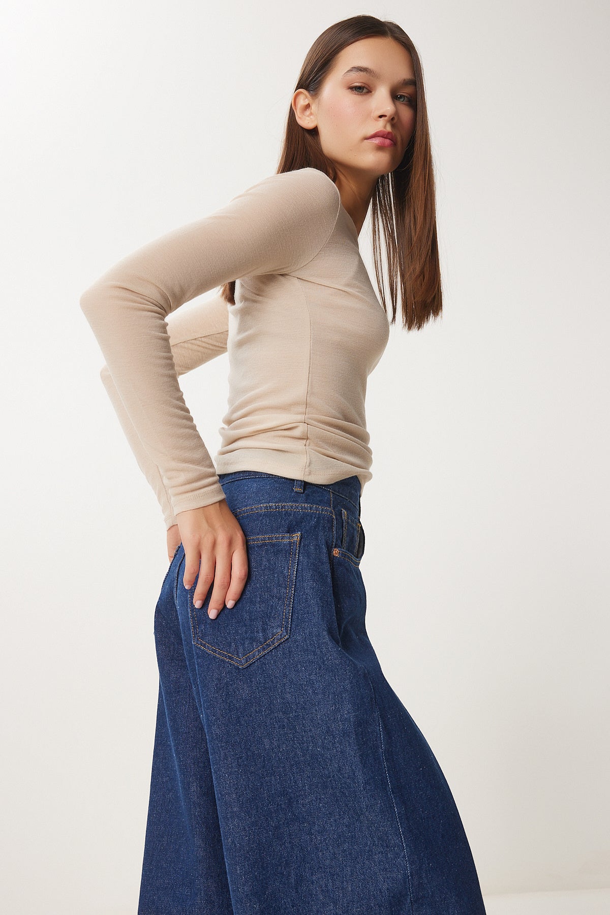 Koyu Mavi Yüksek Bel Geniş Paça Jeans RH00032
