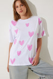 Beyaz Pembe Kalp Baskılı Oversize Pamuklu T-Shirt BP00165