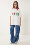 Ekru Oversize Baskılı Örme T-Shirt ZV00279