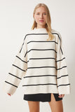 Krem Çizgili Oversize Uzun Triko Kazak YY00087