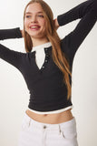 Siyah Çıtçıtlı Basic Örme Crop Bluz FW00002