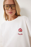Ekru Baskılı Pamuklu Oversize Örme T-shirt CR00466
