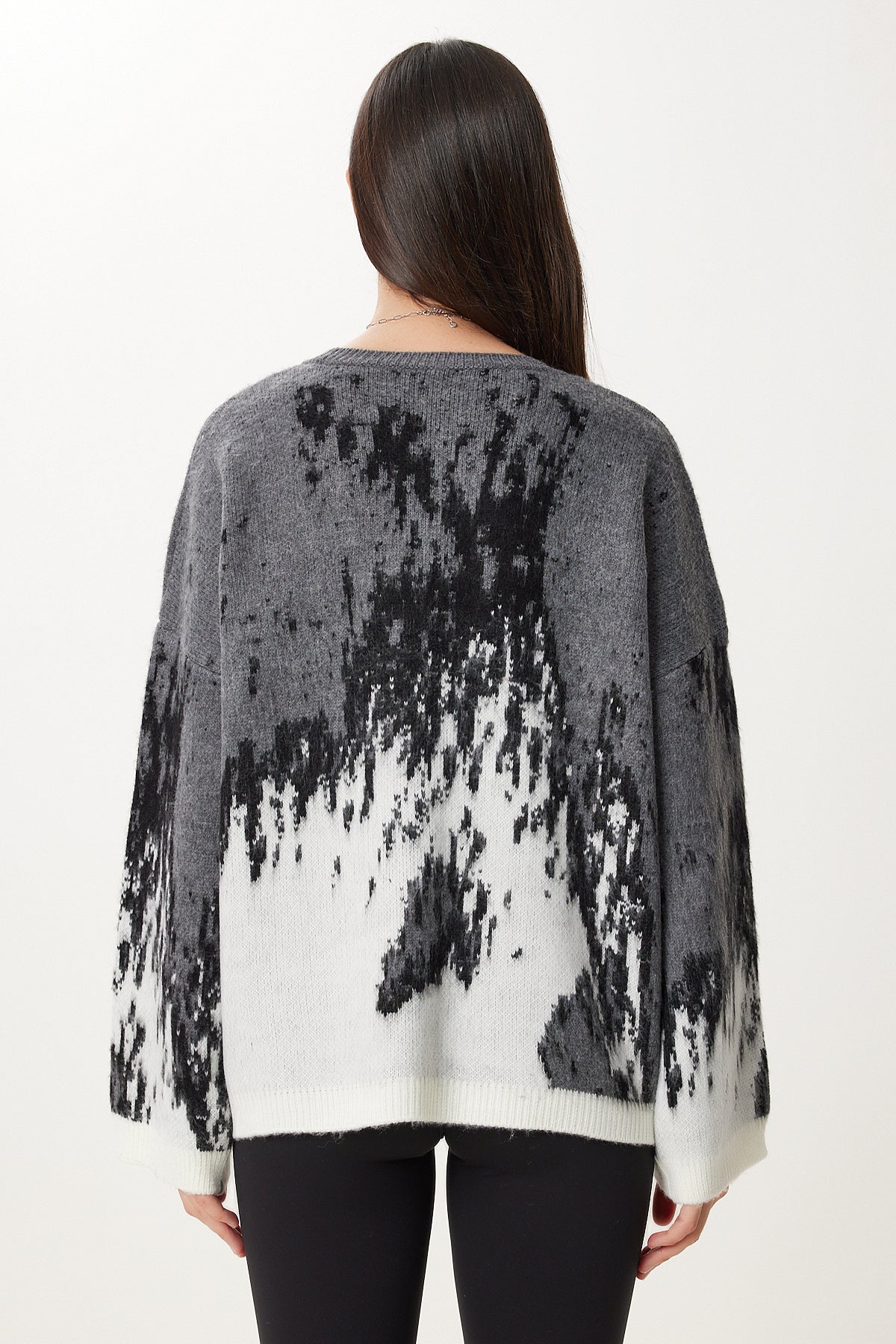 Antrasit Gri Desenli Oversize Triko Kazak Kİ00124
